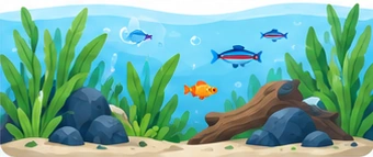 An illustrated planted aquarium with small freshwater fish